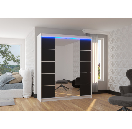 Posuvná skříň se zrcadlem a LED osvětlením TRAVES 180 Bílá+Černá