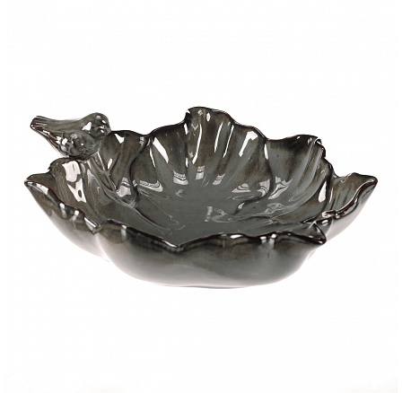 Krmítko/pítko - keramické, list s ptáčky, šedé