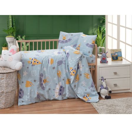 Krepové dětské povlečení do malé postýlky 90x135, 45x60 cm Vesmírné UFO nitěný knoflík