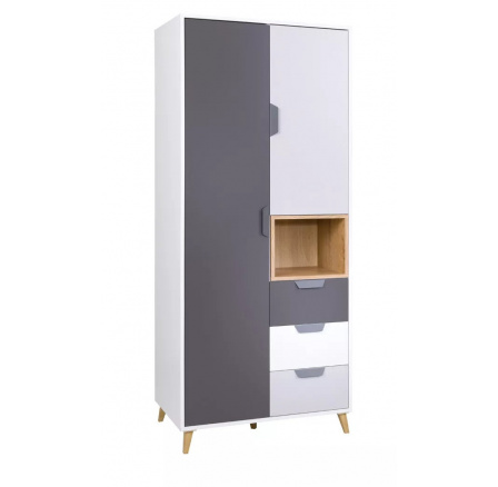 Šatní skříň POKER R2, Bílá/Grafit/Dub lefkas/Šedá Šatní skříň POKER R2, Bílá/Grafit/Dub lefkas/Šedá