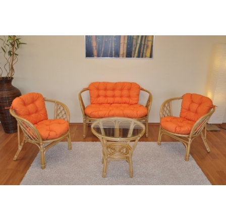 Ratanová sedací souprava Bahama medová velká polstry oranžový melír