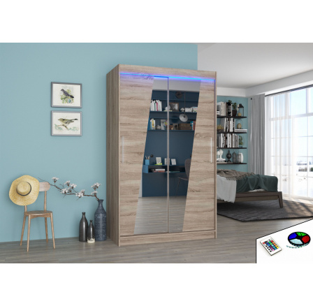 Šatní skříň s posuvnými dveřmi, zrcadlem a LED osvětlením TEXAS 120 Truffle+Truffle