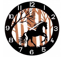 Hodiny nástěnné - pr. 60 cm, kov a dřevo, motiv koně v lese