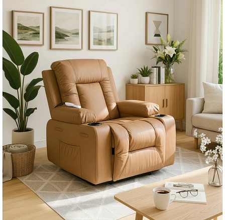 Masážní křeslo BOX Rozkládací s podnožkou Karamelová Ekokůže