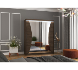 Šatní skříň s posuvnými dveřmi, zrcadlem a LED osvětlením CHARLOTTE 180 Choco+Choco