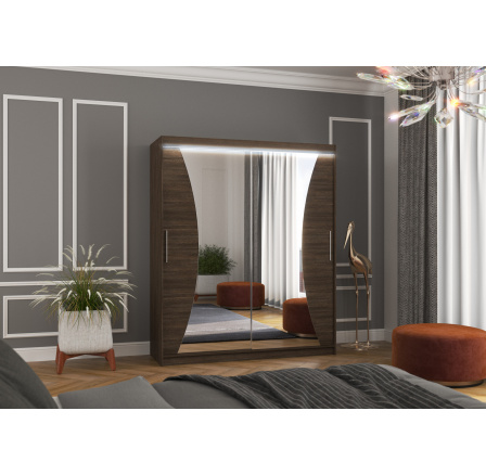 Šatní skříň s posuvnými dveřmi, zrcadlem a LED osvětlením CHARLOTTE 180 Choco+Choco