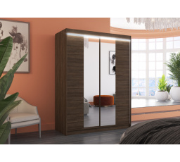 Šatní skříň s posuvnými dveřmi, zrcadlem a LED osvětlením FEVER 150 Choco+Choco