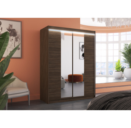 Šatní skříň s posuvnými dveřmi, zrcadlem a LED osvětlením FEVER 150 Choco+Choco