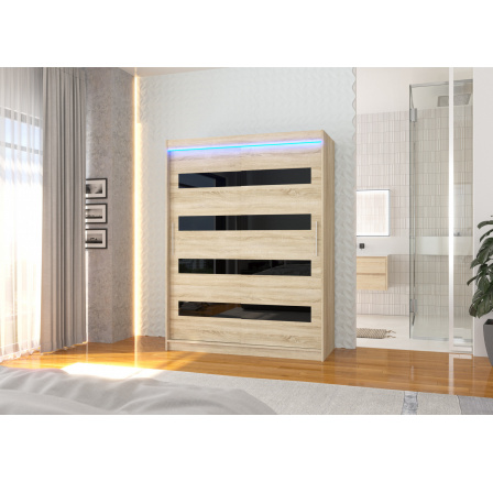 Posuvná skříň s lacobelem a LED osvětlením MARTINEZ 150 Sonoma+Černý Lacobel