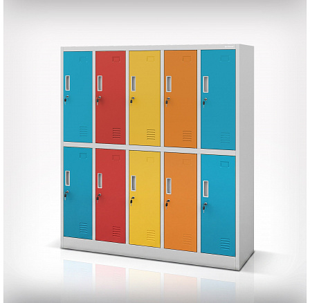Školní skříňka BHP šedo-vicebarevná: 10-přihrádková BARTUŚ, 1360 x 1500 x 450 mm