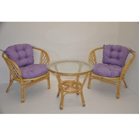 Ratanová sedací souprava Bahama malá medová polstry fialový melír