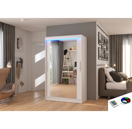Posuvná skříň se zrcadlem a LED osvětlením TIBAGO 120 Bílá+Bílá