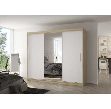Šatní skříň s posuvnými dveřmi a zrcadlem DENIS 250 Sonoma+Bílá