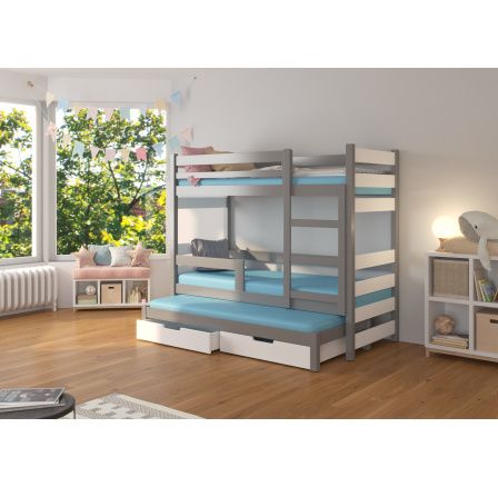Třílůžková patrová postel s matracemi KARLO Šedá+Bílá Třílůžková patrová postel s matracemi KARLO Šedá+Bílá