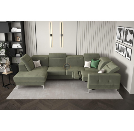 Rohová sedací souprava MALIBU MAX II s funkcí spaní a relaxací 180x350x182 cm - olivová, pravá strana