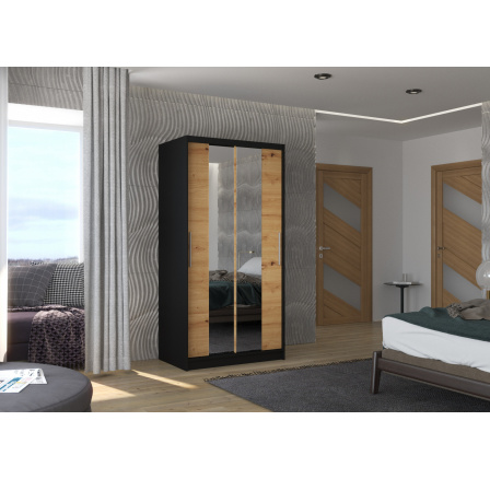 Šatní skříň s posuvnými dveřmi a zrcadlem DRAGONIS 100 Černá+Artisan