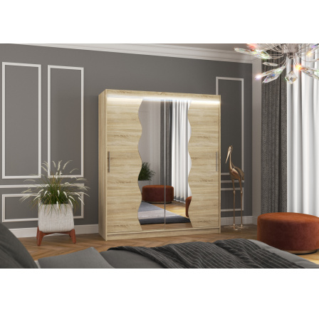 Posuvná skříň se zrcadlem a LED osvětlením KANSAS 180 Sonoma+Sonoma