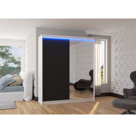 Posuvná skříň se zrcadlem a LED osvětlením VIKI 180 Bílá+Černá