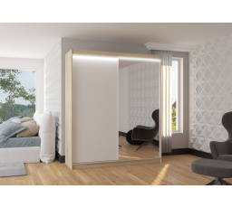 Šatní skříň s posuvnými dveřmi, zrcadlem a LED osvětlením VIKI 180 Sonoma+Bílá
