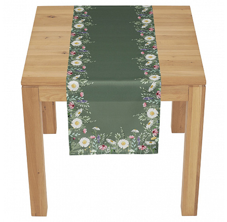 Běhoun - vzor lučních květin, zelený, 100 % polyester, 40 x 150 cm