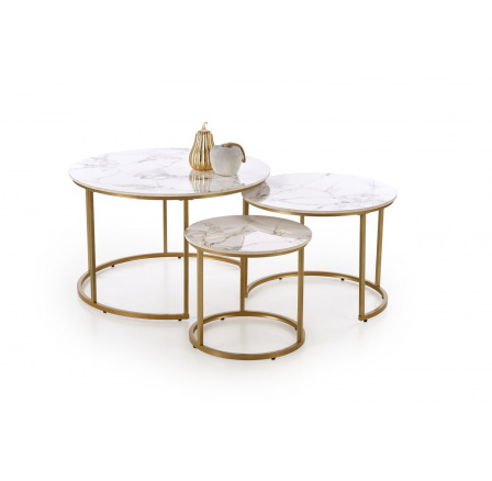 Konferenční stolky GILDA sada 3, efekt bílého mramoru / zlatý