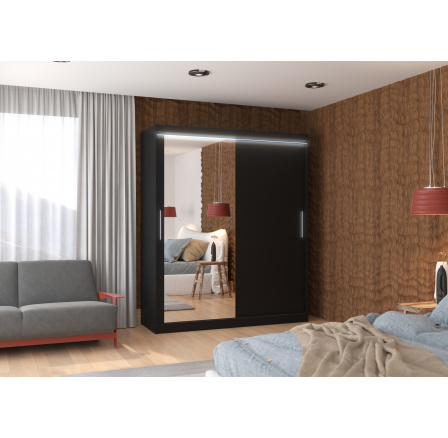 Posuvná skříň se zrcadlem a LED osvětlením TOM 180 Černá+Černá