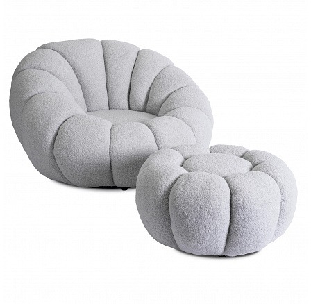 Otočná Relaxační Křeslo PETTIT s Taburetem Šedá Boucle