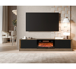 TV komoda MIZU s elektrickým krbem a osvětlením, černá / ořech