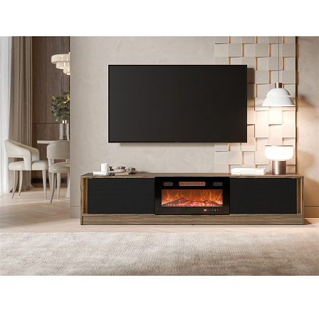 TV komoda MIZU s elektrickým krbem a osvětlením, černá / ořech