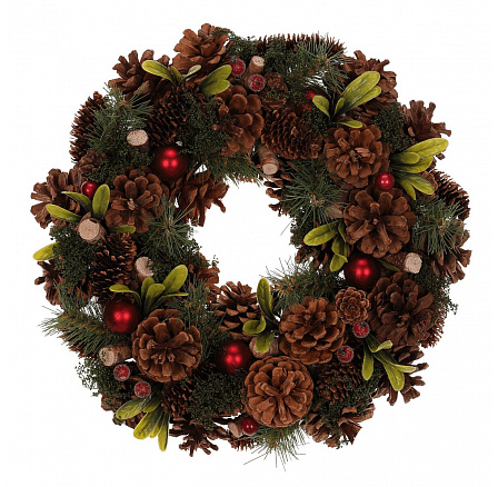 Věnec se šiškami - pr. 35 cm, jehličí a červené bobule