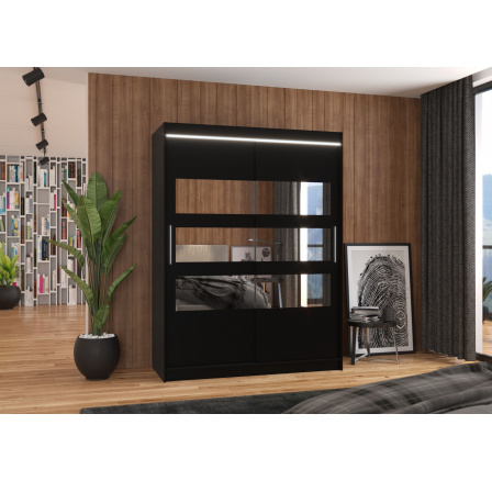 Posuvná skříň se zrcadlem a LED osvětlením FLORENTO 150 Černá+Černá