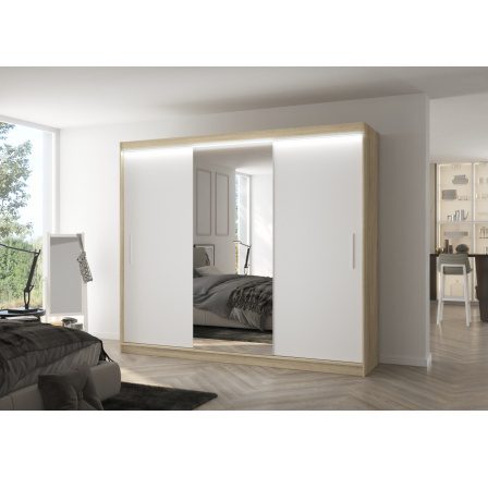 Posuvná skříň se zrcadlem a LED osvětlením DENIS 250 Sonoma+Bílá