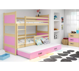 Dětská patrová postel RICO 3 s přistýlkou 90x200 cm, bez matrace, Přírodní/Růžová