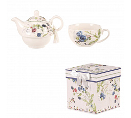 Konvička se šálkem - dárkový set v krabičce, porcelán, bílý s lesními plody