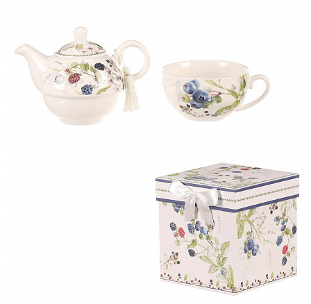 Konvička se šálkem - dárkový set v krabičce, porcelán, bílý s lesními plody