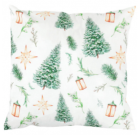 Polštář s výplní, satén. Vánoční motiv, stromek na bílém podkladu. 45x45 cm.