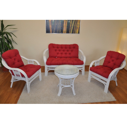 Ratanová sedací souprava Rio De Janeiro bílá polstry vínový melír