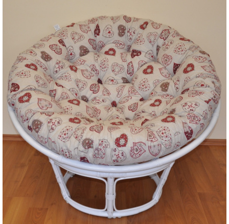 Ratanový papasan 110 cm bílý polstr motiv červená srdce