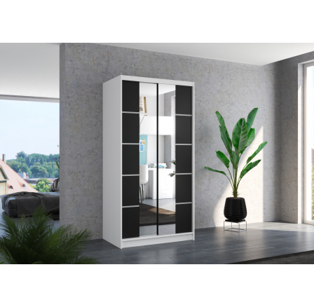 Šatní skříň s posuvnými dveřmi a zrcadlem KSAWER 100 Bílá+Černá