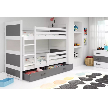Dětská patrová postel RICO se šuplíkem 90x200 cm, bez matrace, Bílá/Grafit Dětská patrová postel RICO se šuplíkem 90x200 cm, bez matrace, Bílá/Grafit