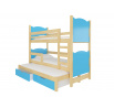 Třílůžková patrová postel s matracemi LETICIA Pine+Blue
