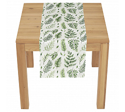 Běhoun - mix zelených listů, bílý základ, 100 % polyester, 40 x 150 cm