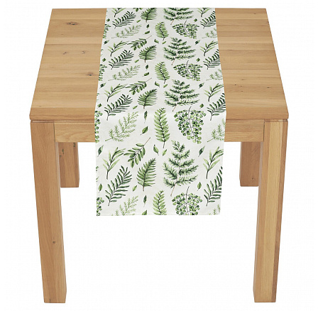 Běhoun - mix zelených listů, bílý základ, 100 % polyester, 40 x 150 cm