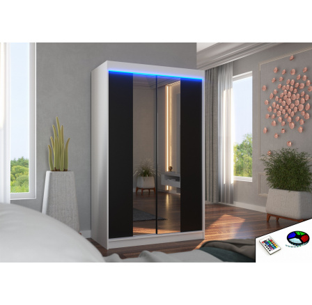 Posuvná skříň se zrcadlem a LED osvětlením MARVIN 120 Bílá+Černá