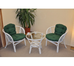 Ratanová sedací souprava Bahama bílá 2+1, polstry tmavě zelený melír