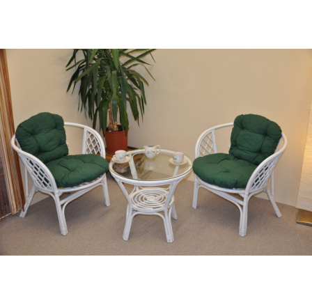 Ratanová sedací souprava Bahama bílá 2+1, polstry tmavě zelený melír
