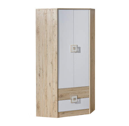 Rohová šatní skříň NICO 02, Světlý Dub/Bílá/Světlý Dub