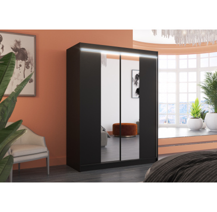 Posuvná skříň se zrcadlem a LED osvětlením FEVER 150 Černá+Černá