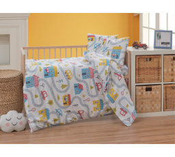 Krepové dětské povlečení do malé postýlky 90x135, 45x60 cm Městečko nitěný knoflík