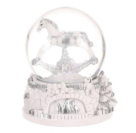 Sněžítko s houpacím koníkem - polyresin, malé, bílo-stříbrné